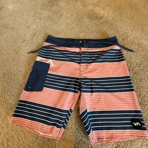 RVCA Men's Swim Shorts - Navy and Coral Stripes